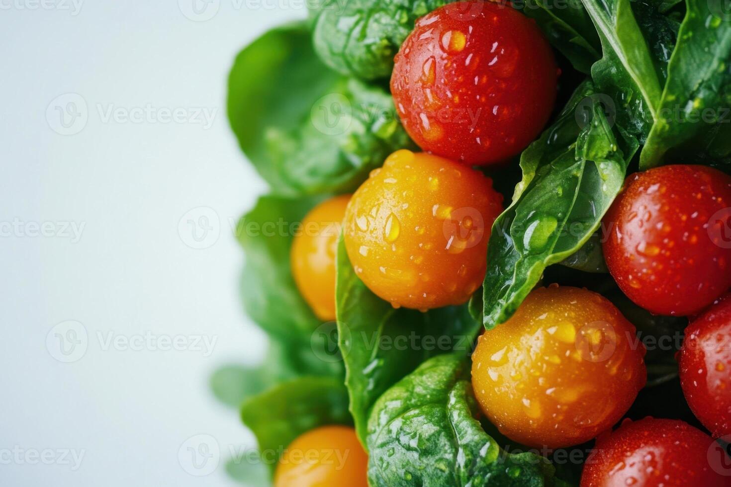 Close-up of fresh, vibrant yellow and red cherry tomatoes nestled in green spinach leaves, glistening with water droplets. photo