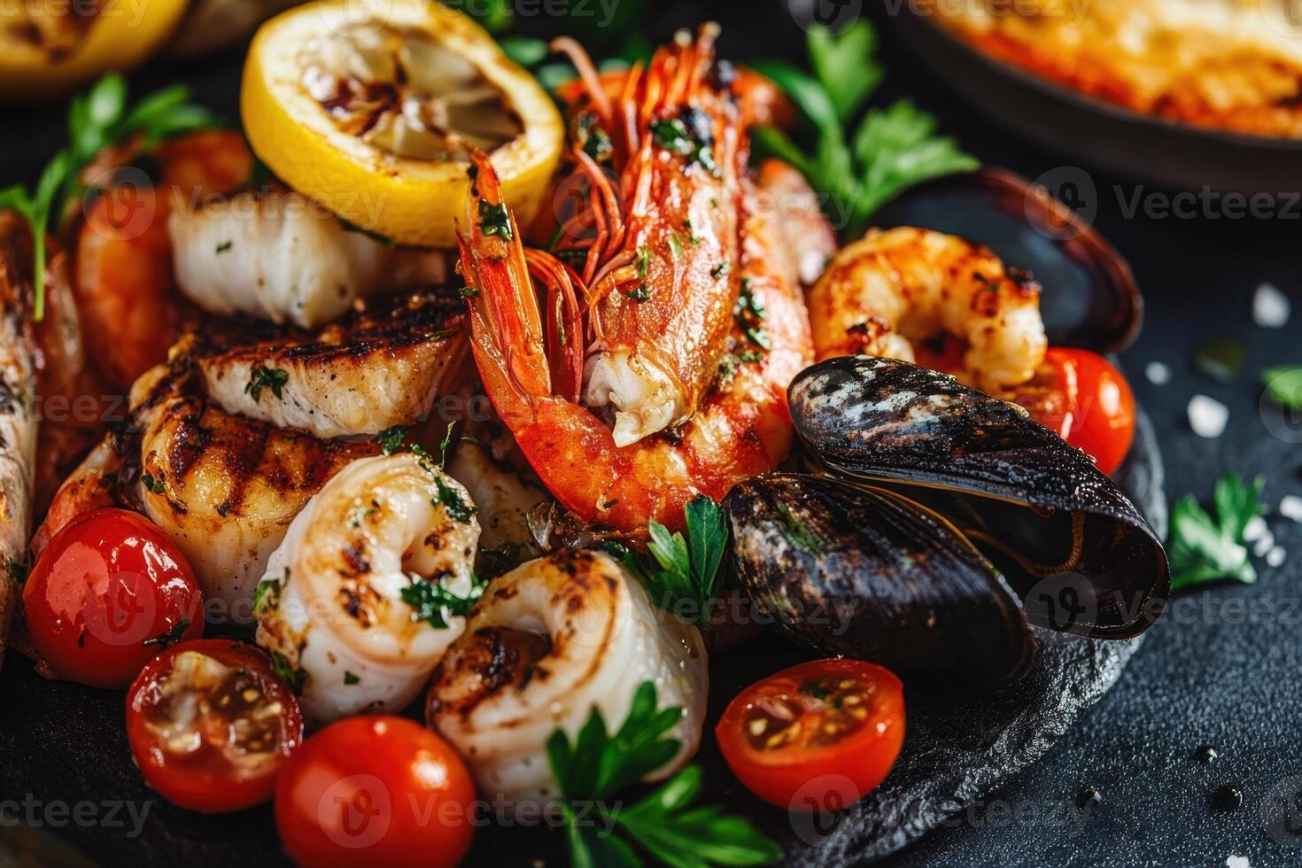 Close-up of grilled seafood with lemon, tomatoes, and herbs on a black plate. photo