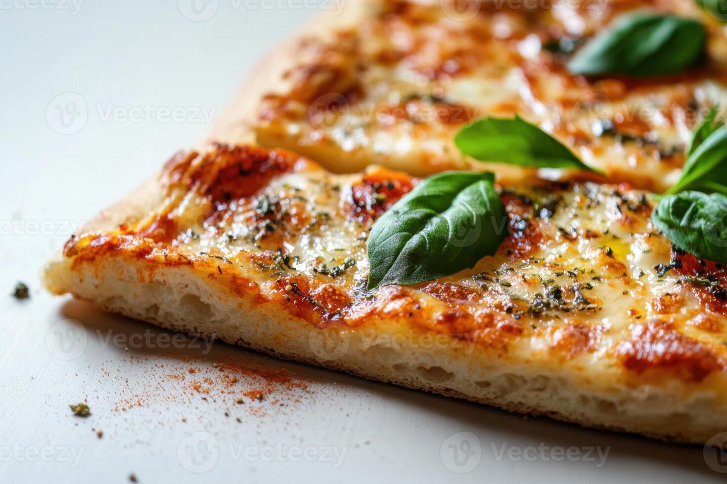 Closeup of a slice of fresh mozzarella pizza with basil leaves. photo