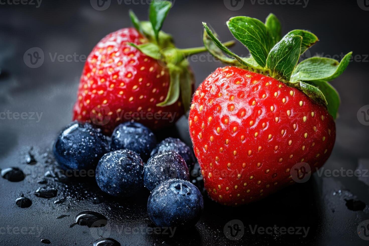 Two fresh red strawberries and blueberries with water droplets on a black background. photo