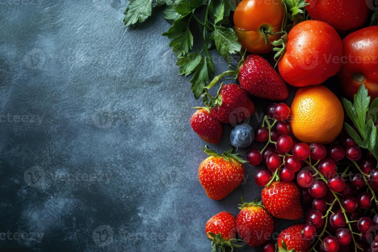 Fresh red fruits and vegetables on a dark background with copy space. photo