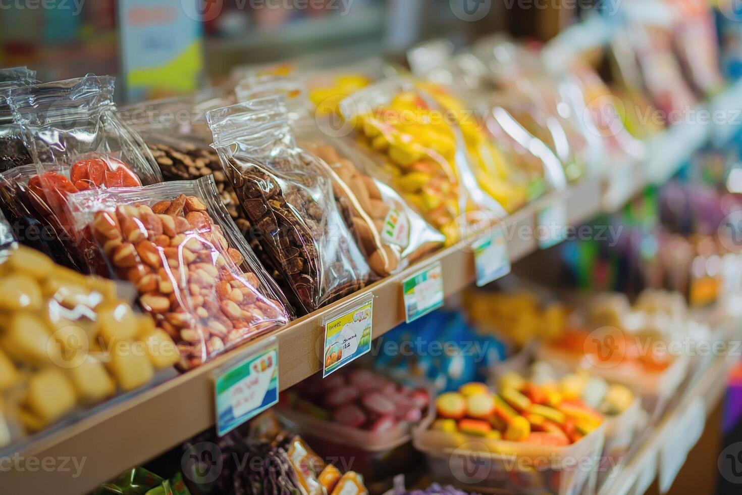 A variety of colorful candies are displayed on a shelf in a store. photo