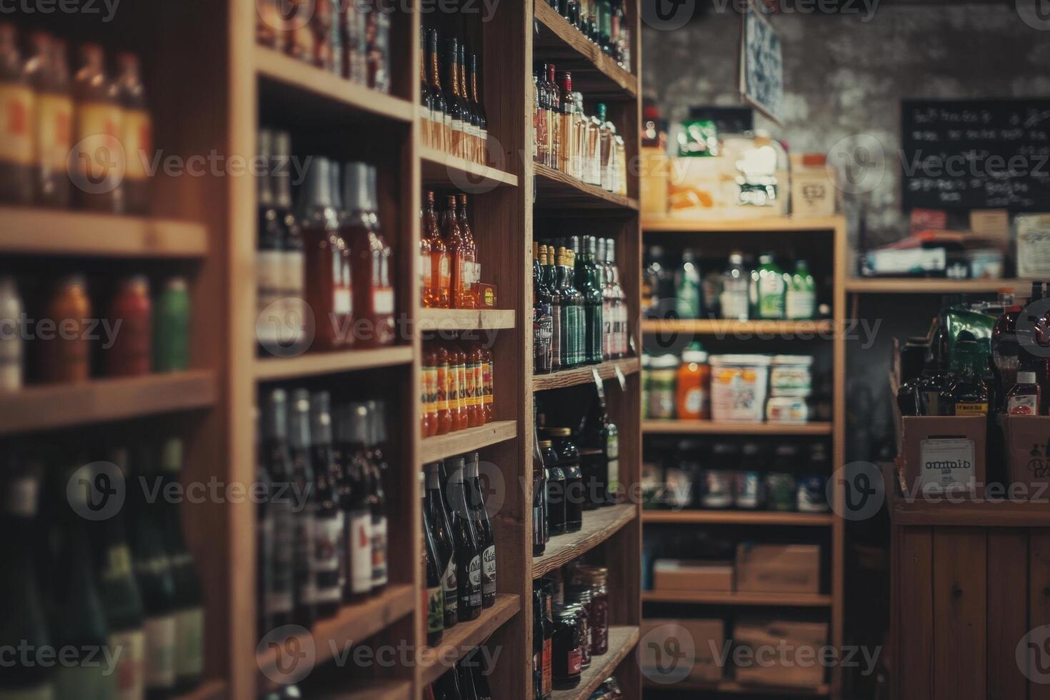 A well-stocked grocery store aisle with shelves full of bottles and jars. photo