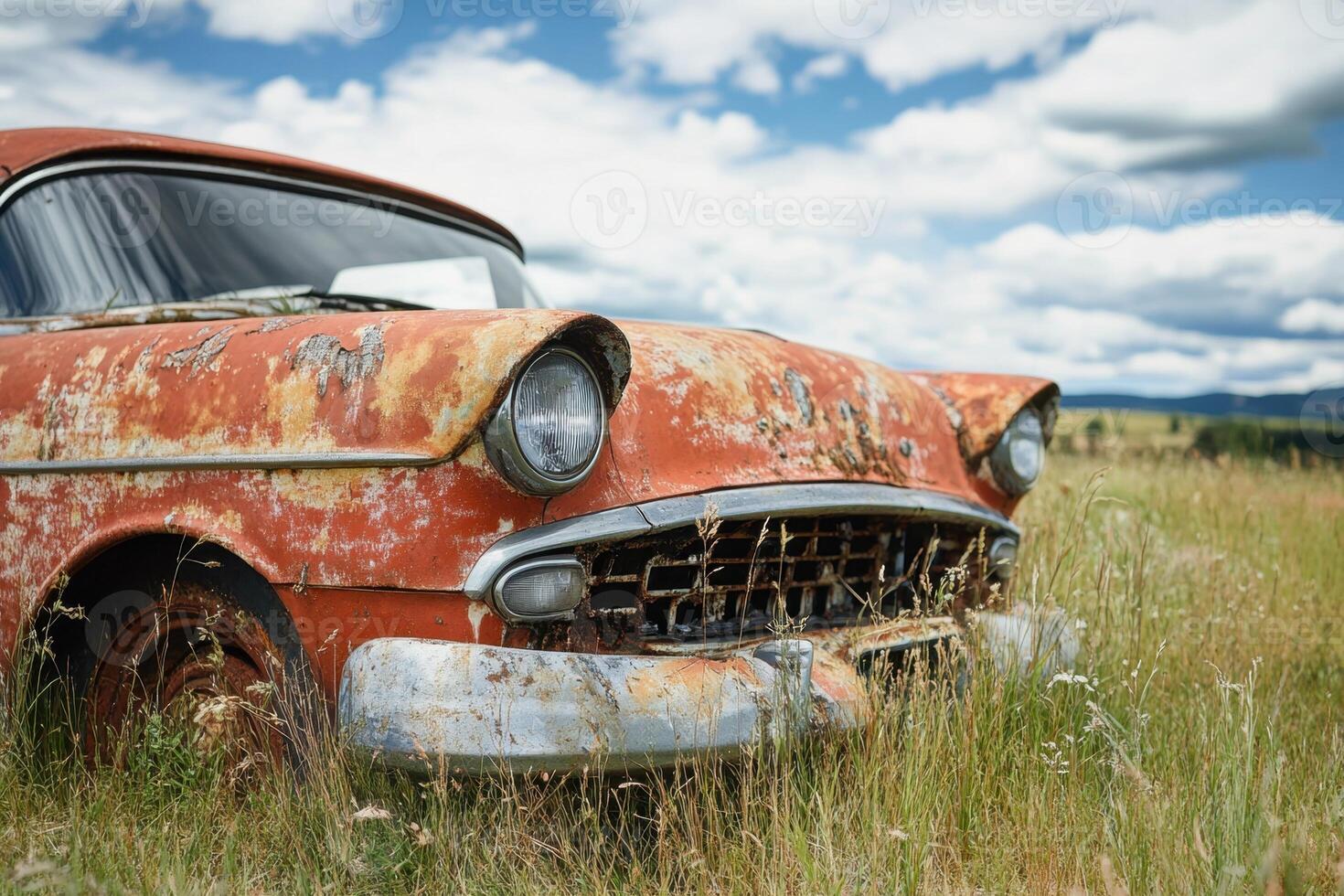 Rusted classic car in a field. photo