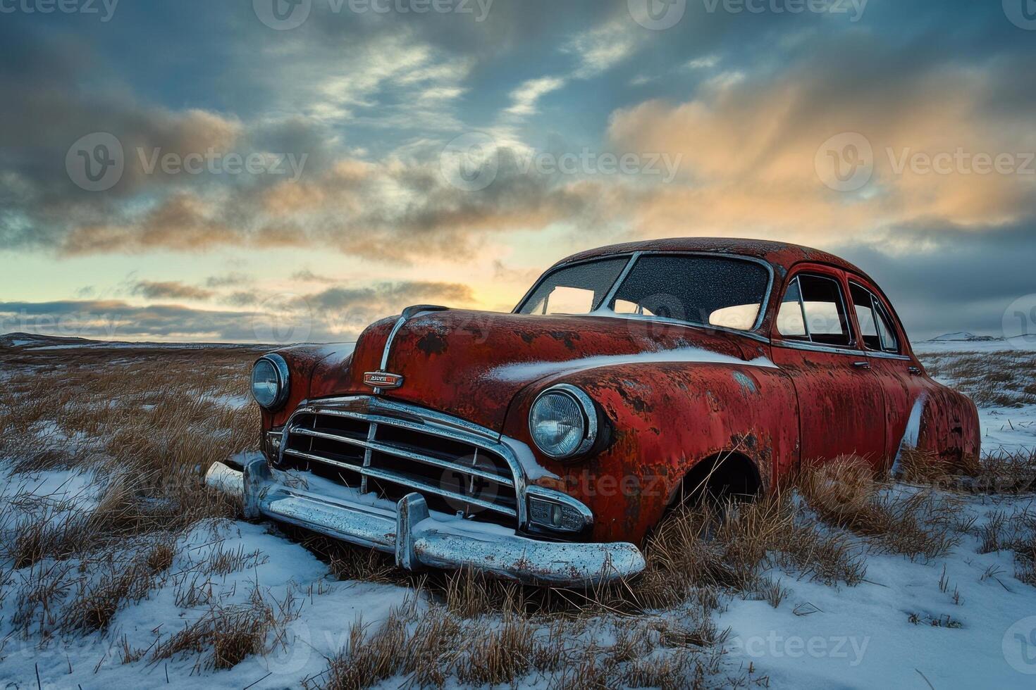 Rusty red vintage car in a snowy field at sunset. photo