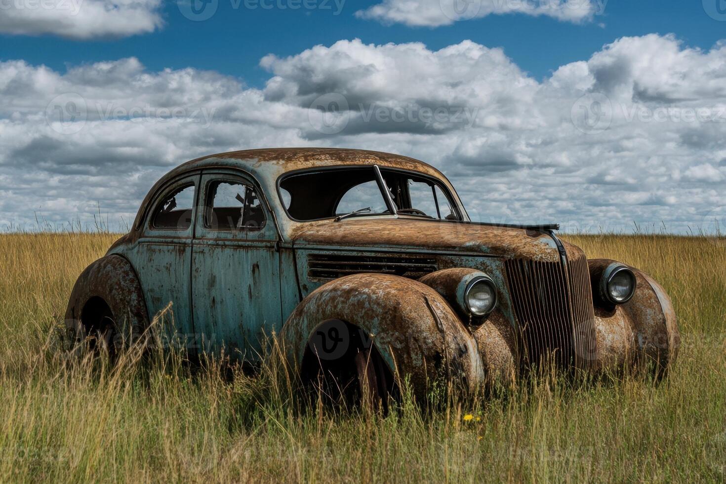 Rusty, vintage car in a field of tall grass with a blue sky and white clouds. photo