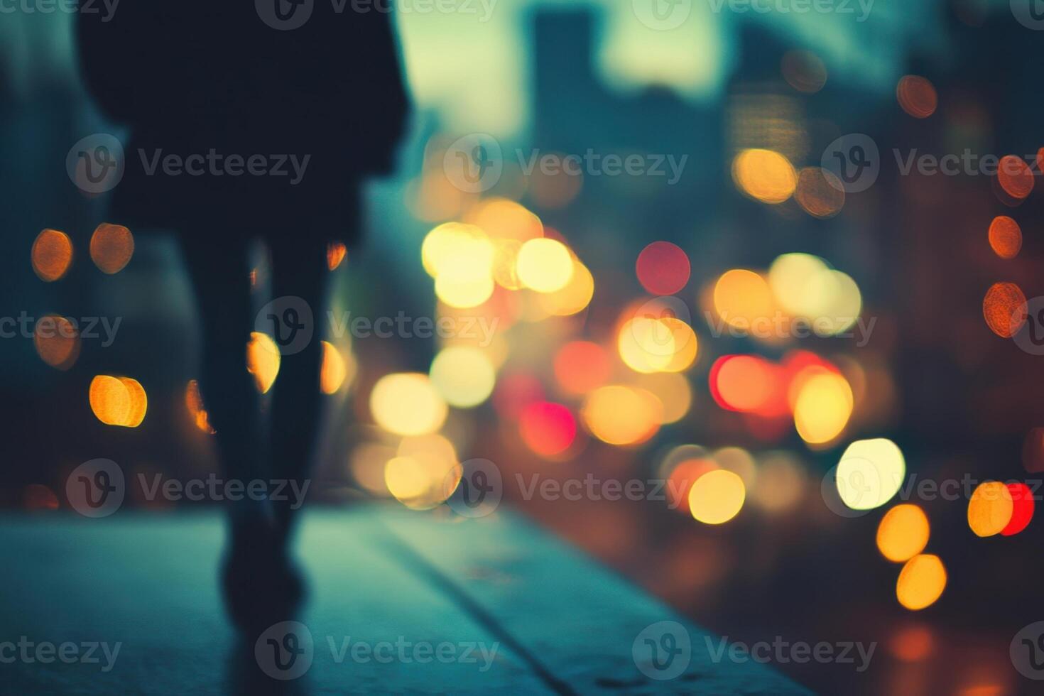 Silhouette of a person walking towards city lights. photo