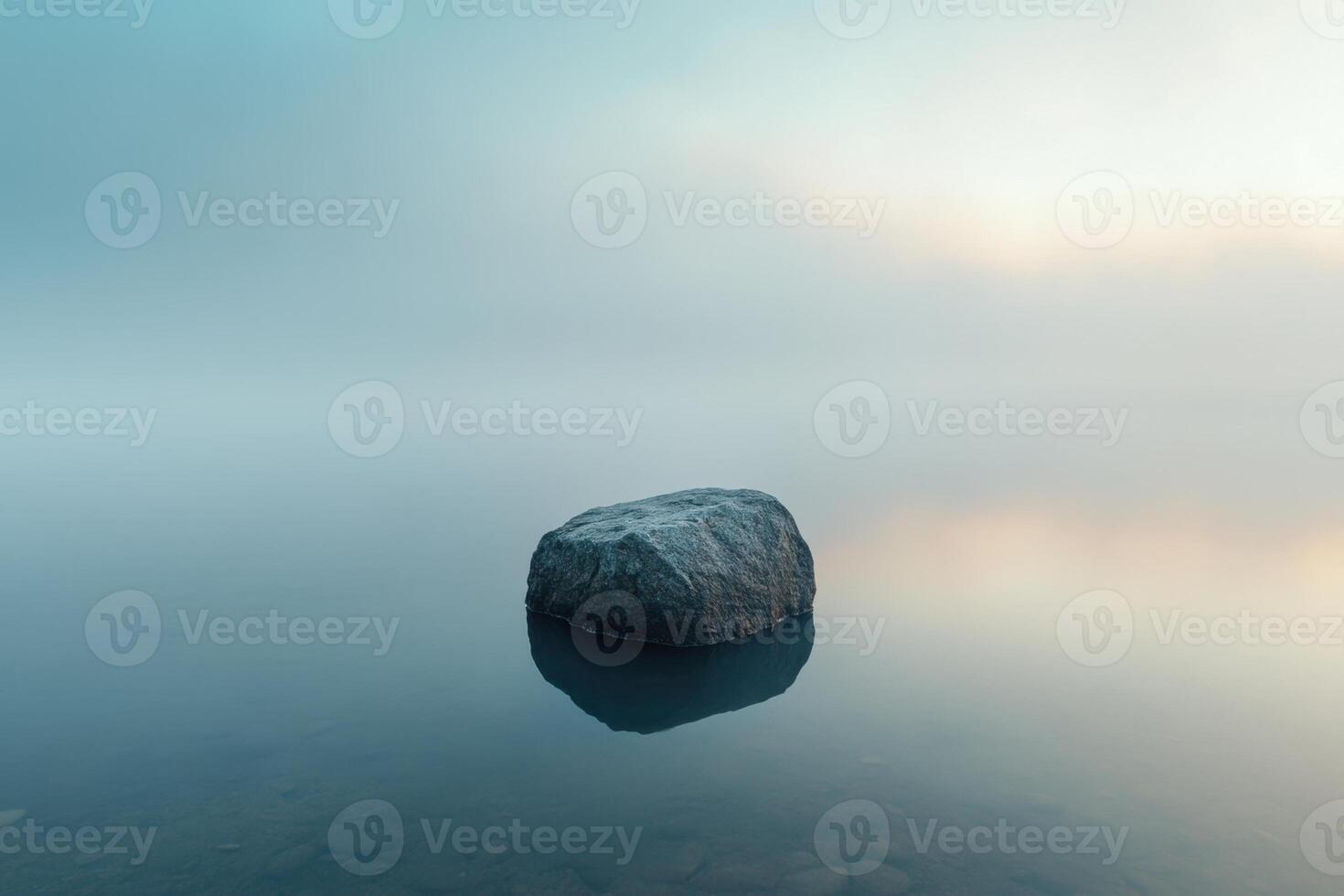 Single rock in still water with fog and reflection. photo