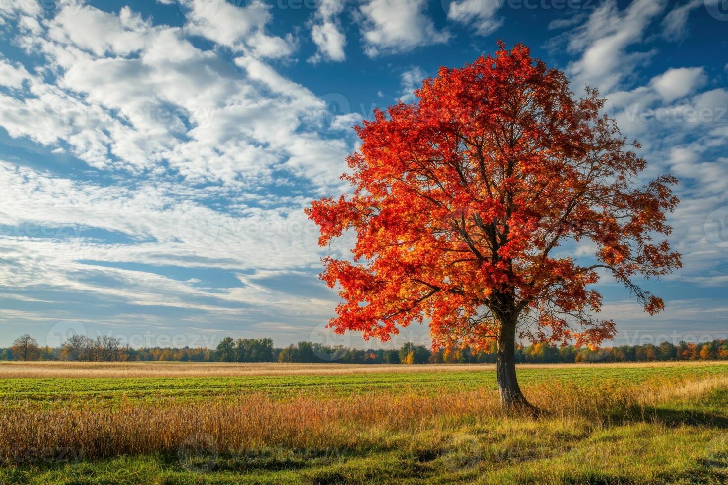 Single red tree in autumn field. photo