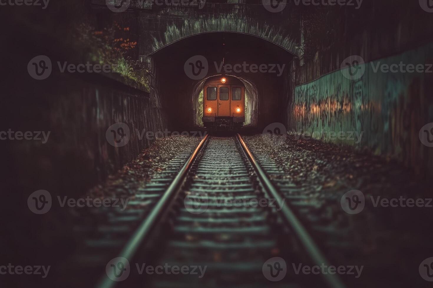 Train approaching in a dark tunnel. photo