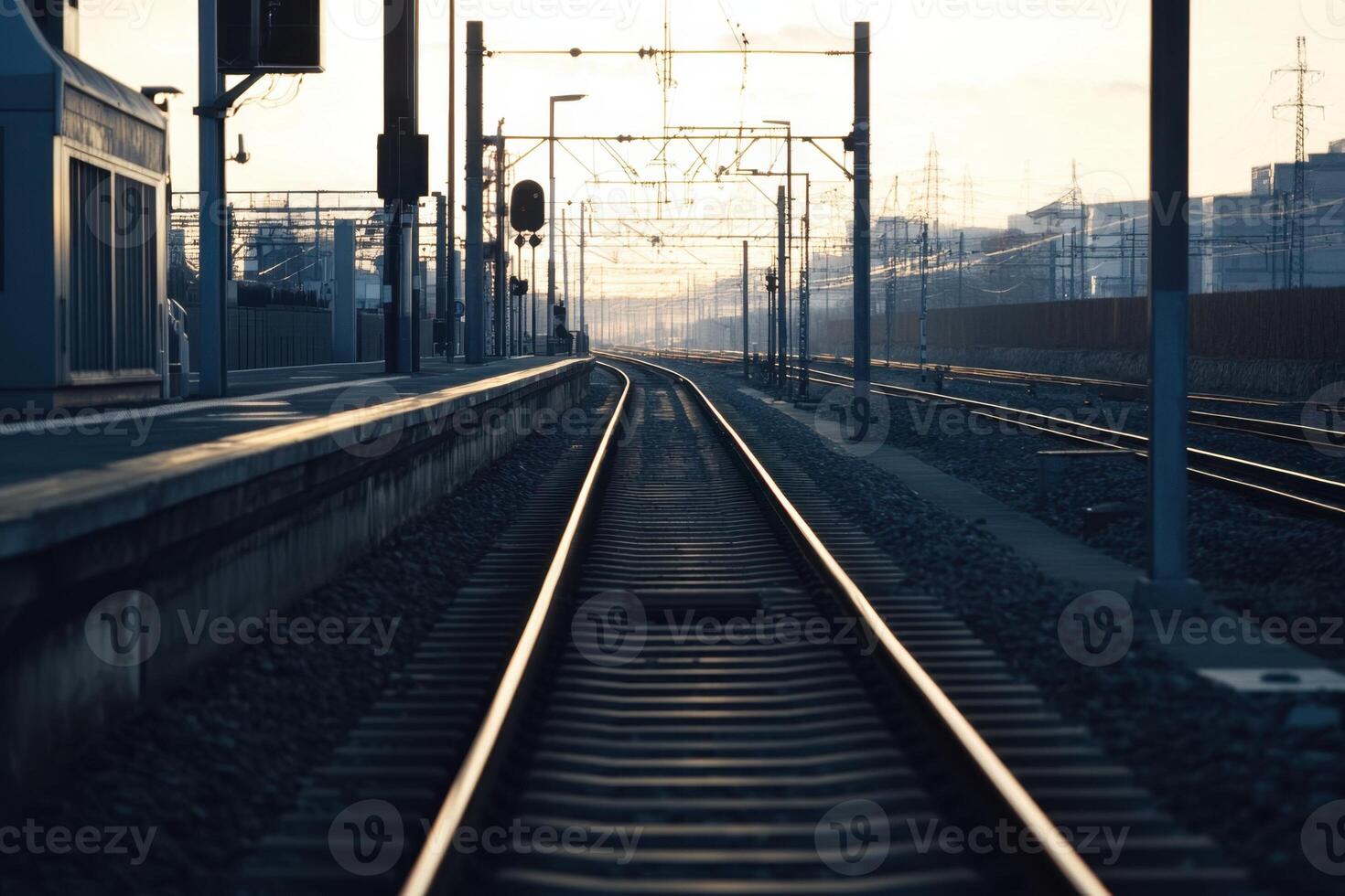 Train tracks vanishing into the horizon at dusk. photo