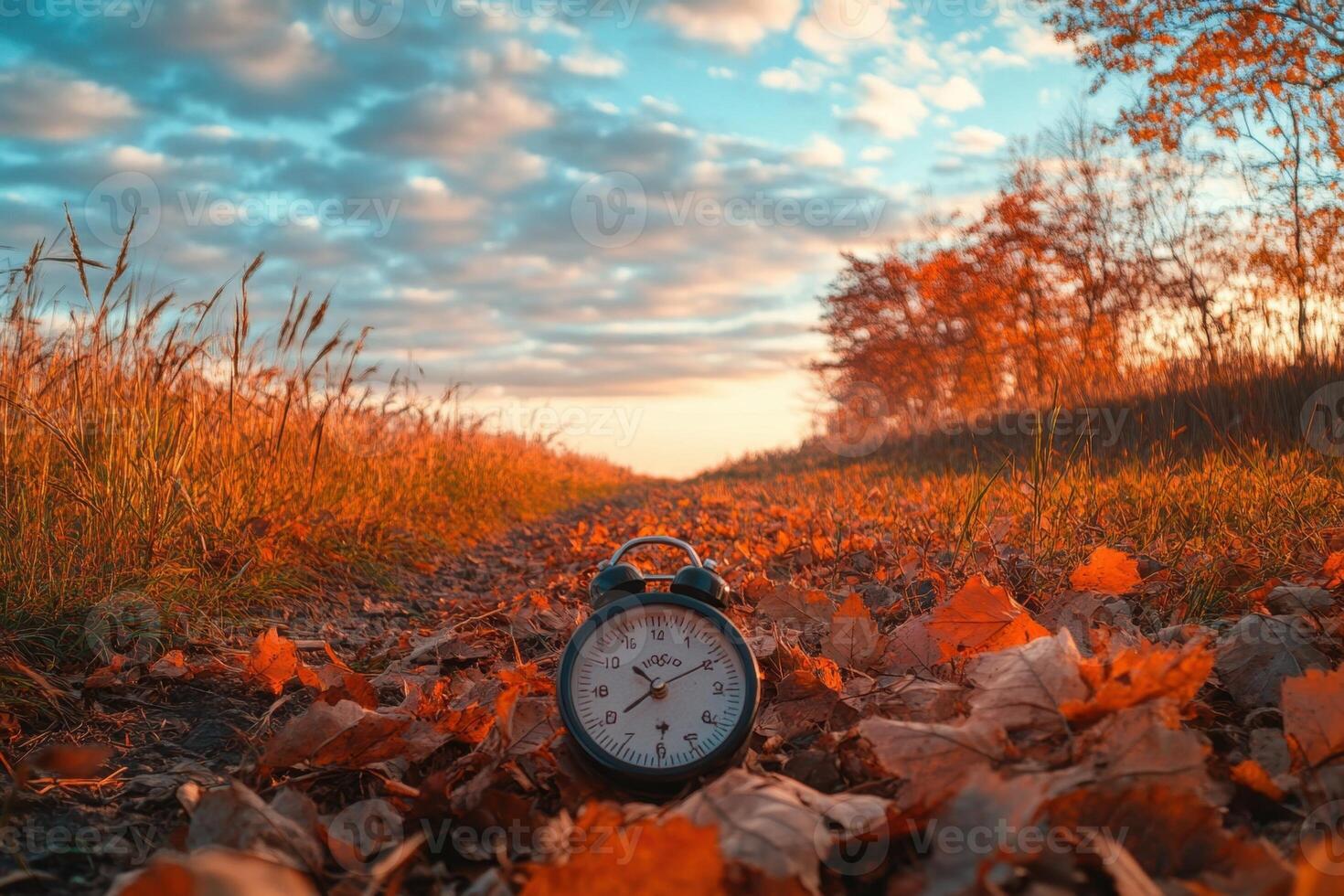 Vintage alarm clock on a path in the autumn forest. photo