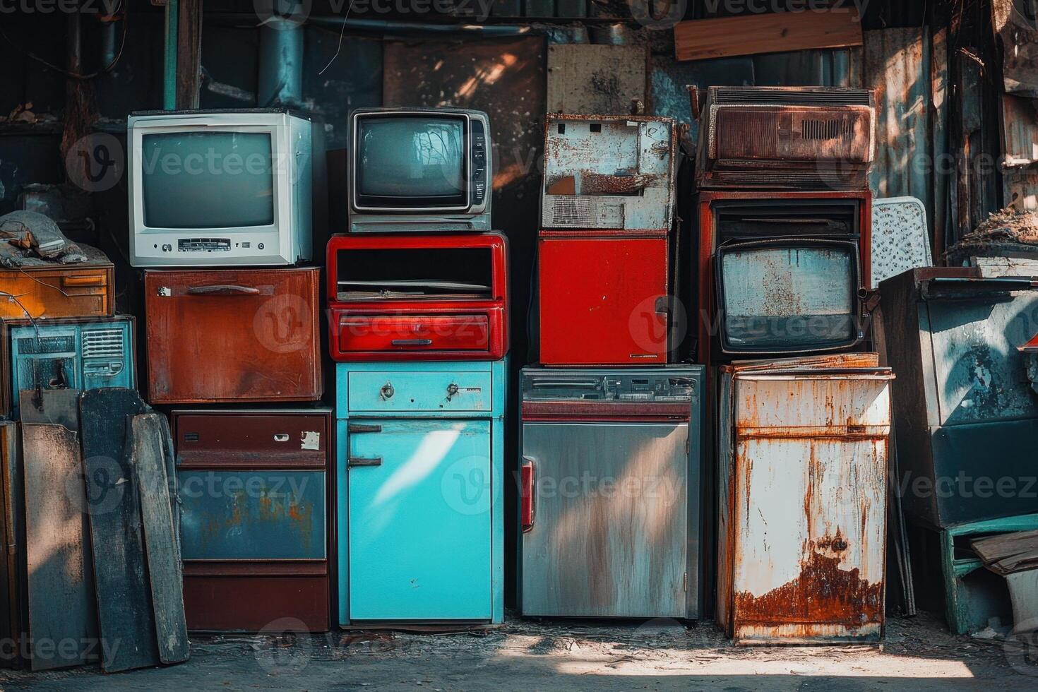 A pile of old appliances in a warehouse photo
