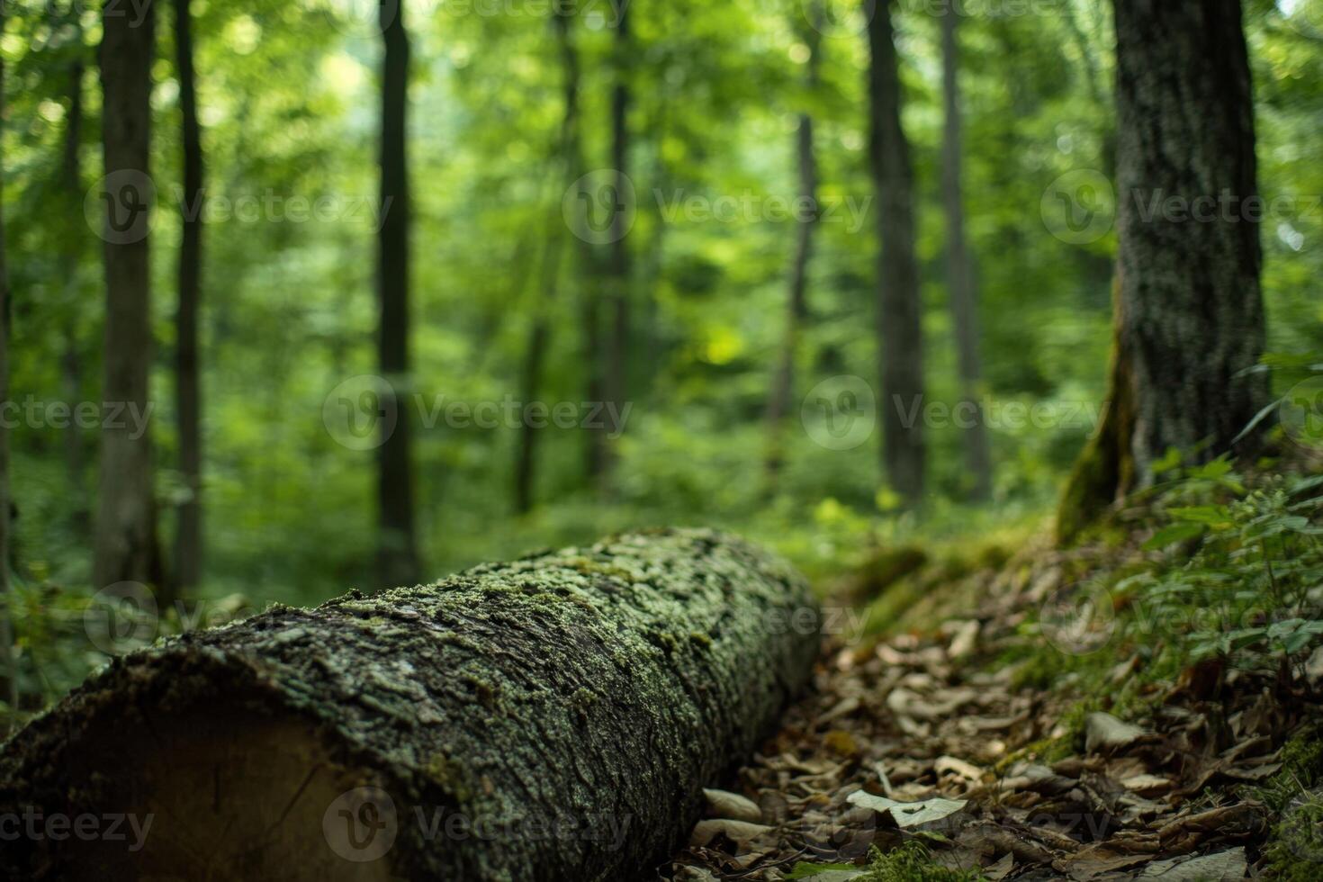 A fallen log in a lush green forest. photo