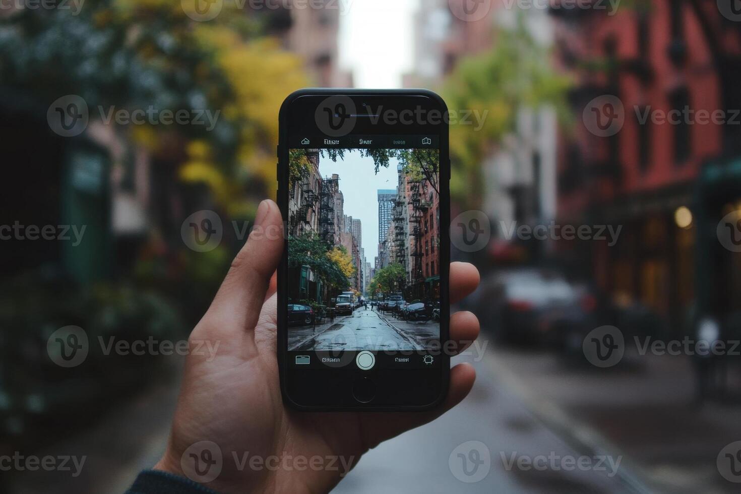 A hand holds a smartphone capturing a city street view. photo