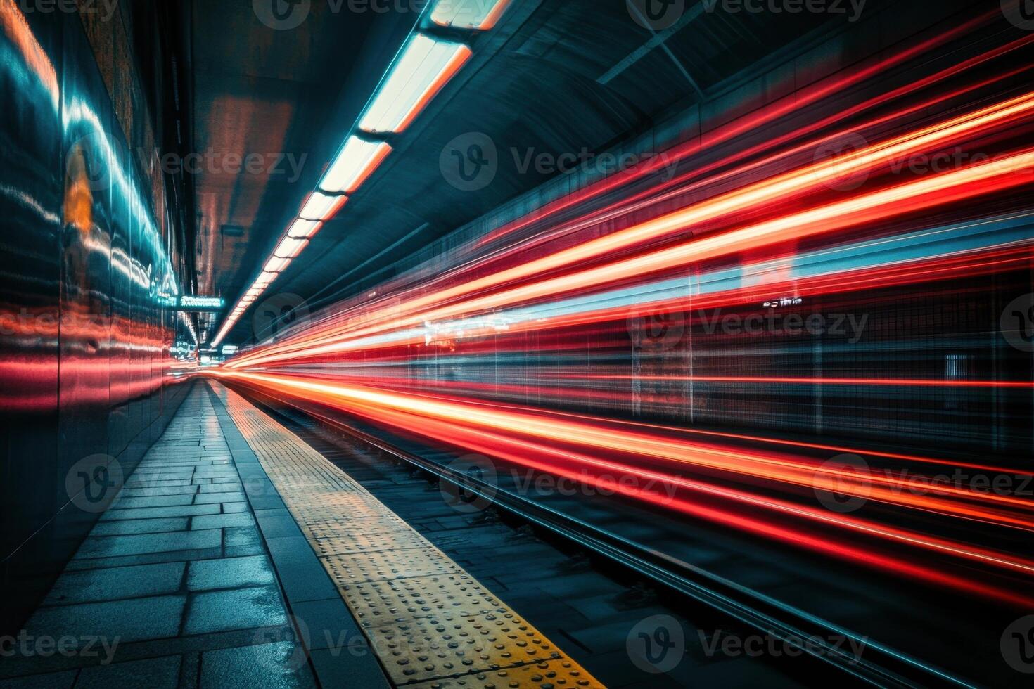 A high-speed train streaks through a subway tunnel, leaving a trail of light. photo