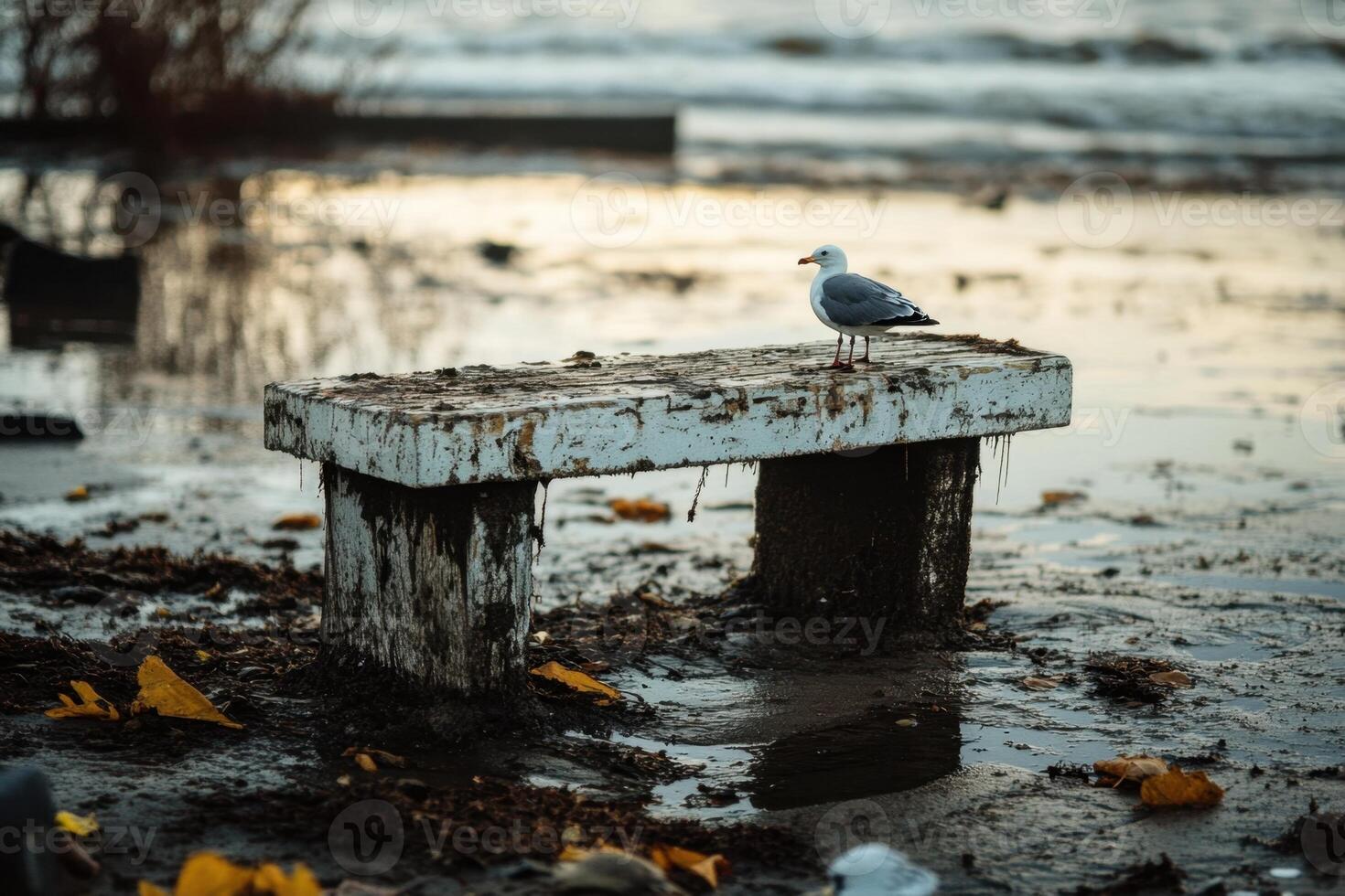 A lone seagull perched on a weathered wooden bench on a sandy beach. photo