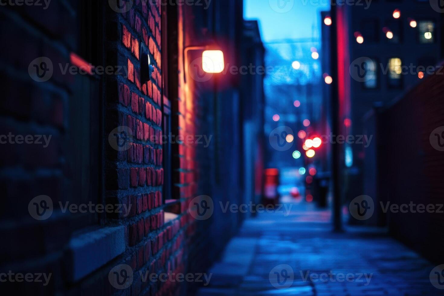 A narrow brick alleyway is illuminated by a single streetlamp, with blurred lights in the distance. photo