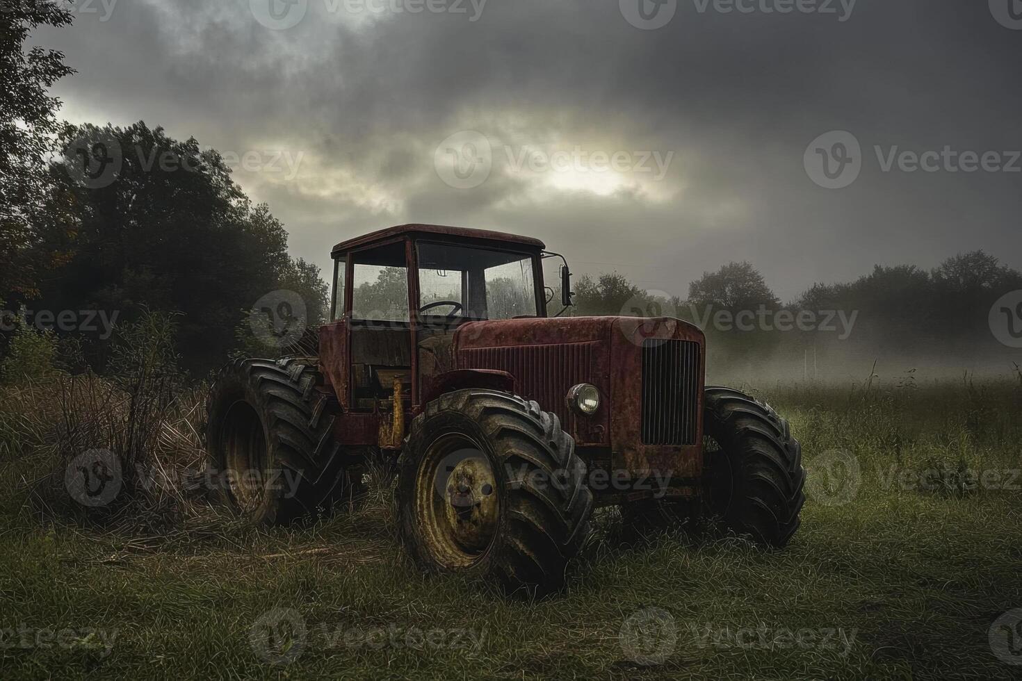 A red vintage tractor sits in a foggy field at sunrise. photo