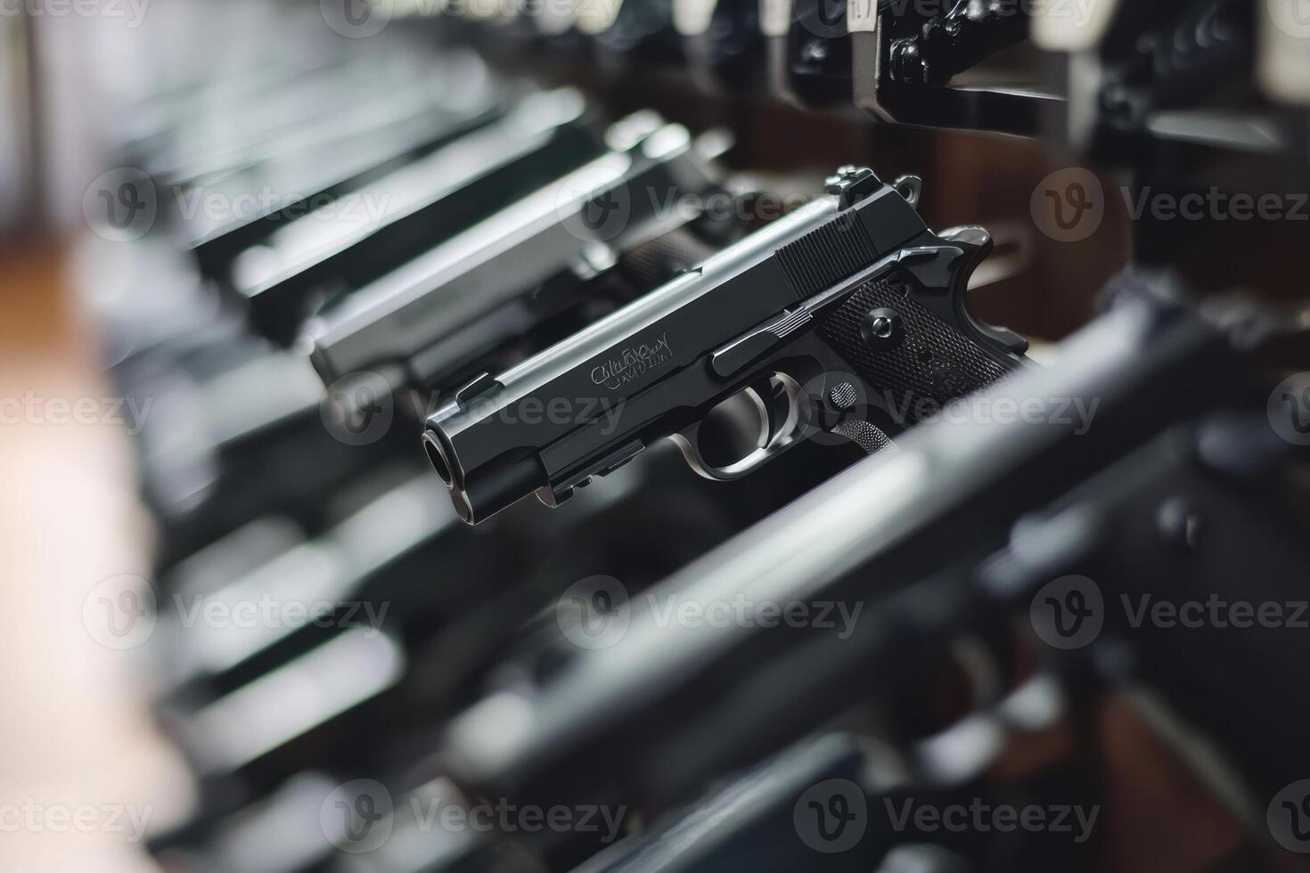 A row of handguns displayed in a gun shop. photo