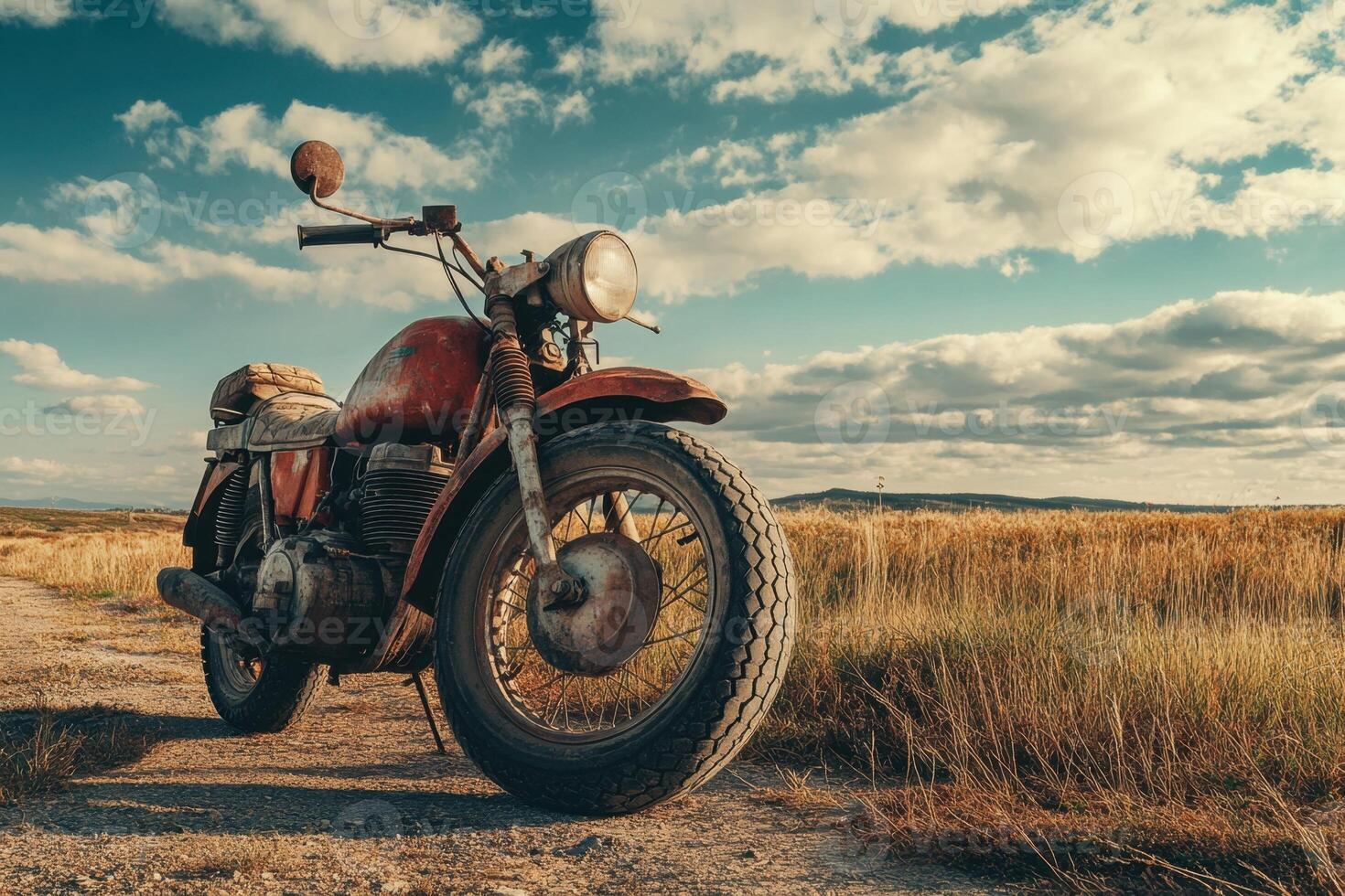 A rusty motorcycle sits in a field of tall grass. photo