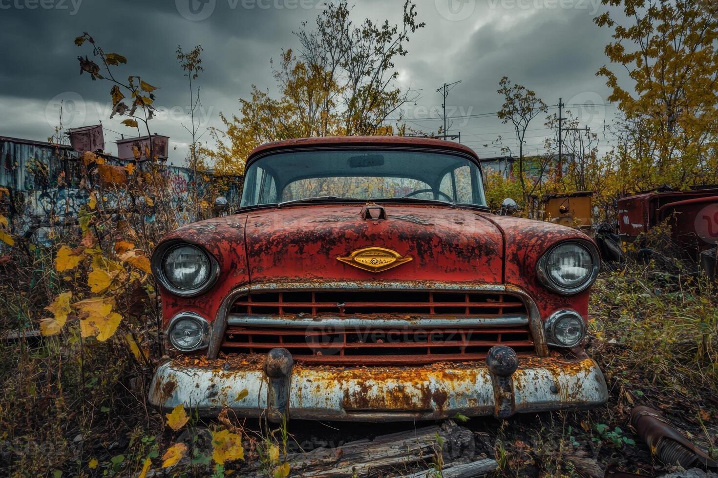 A rusty vintage red car sits in a junkyard with autumn leaves. photo