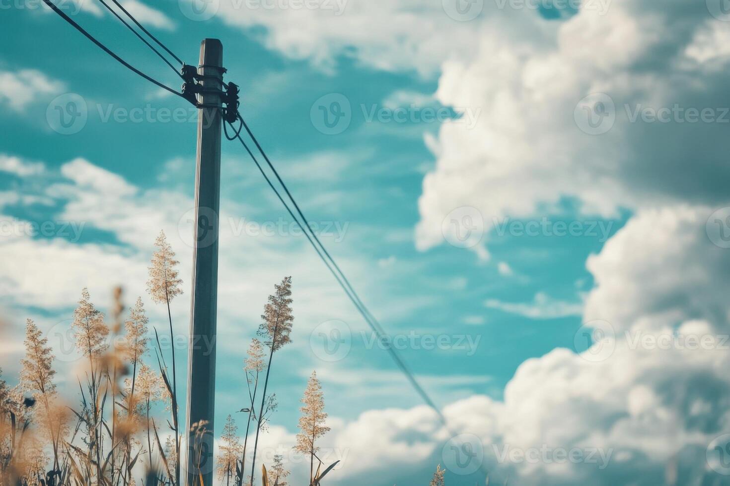 A single power pole with lines against a bright blue sky with white clouds. photo
