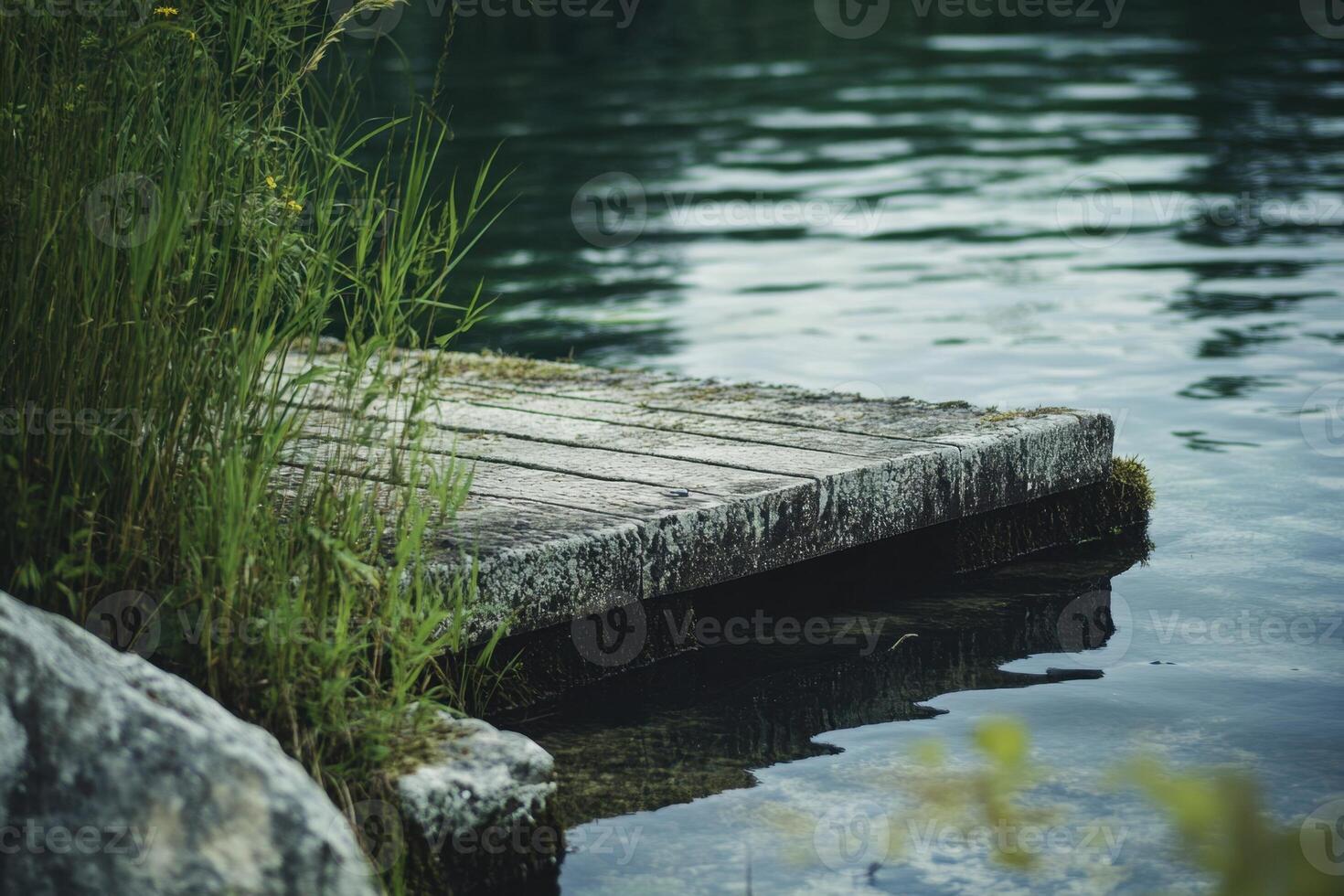 A small wooden dock extends into a calm, still lake, surrounded by green grasses and rocks. photo