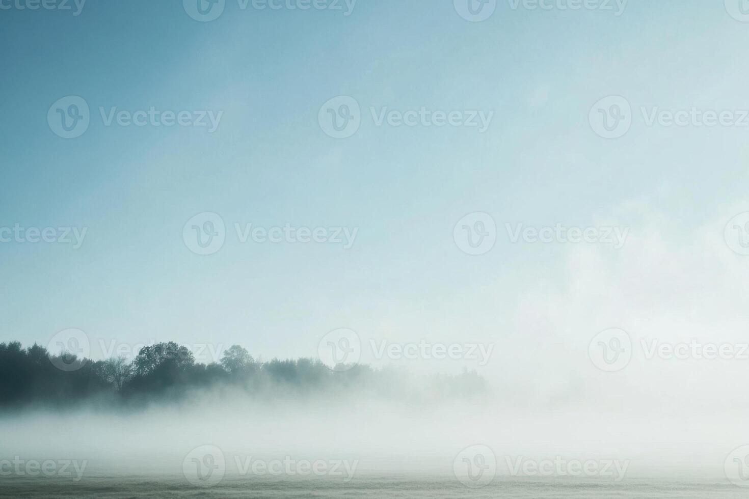 A thick fog blankets a field with a line of trees in the distance, bathed in soft morning light. photo