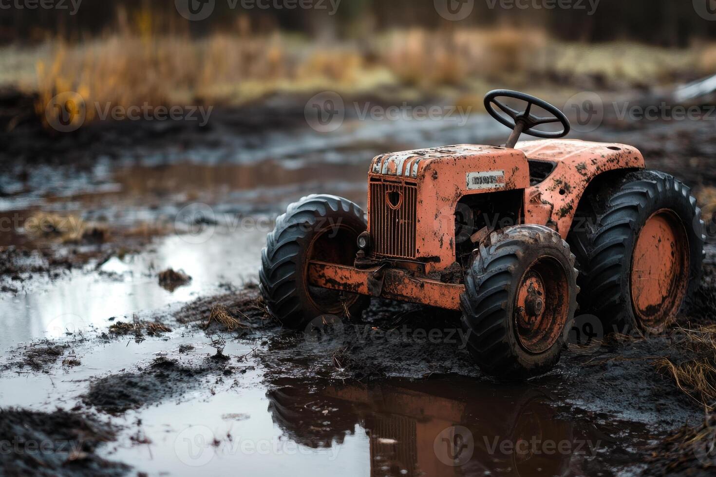 An old, rusty tractor sits in a muddy field. photo