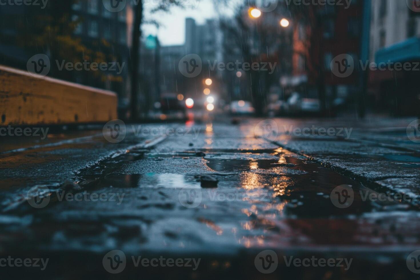 Rainy city street at night with puddles on the ground photo