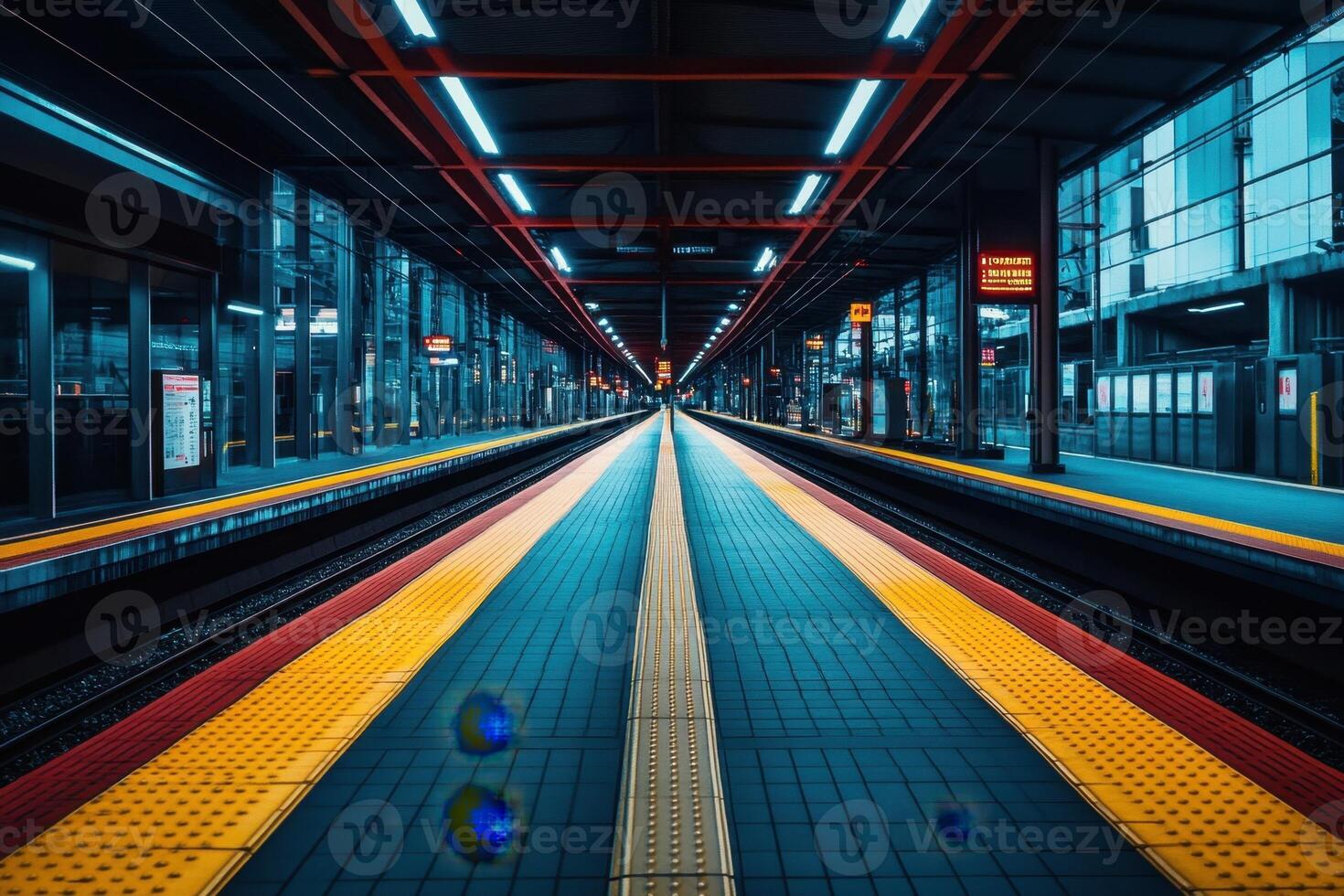 Empty train platform with colorful tiles and lights. photo