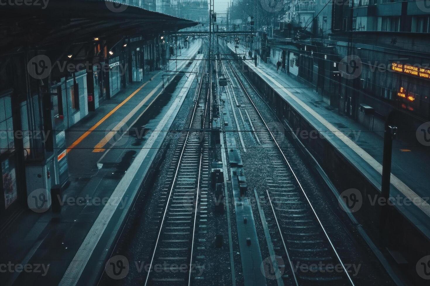 Empty train tracks at a station with a building and a person in the distance. photo