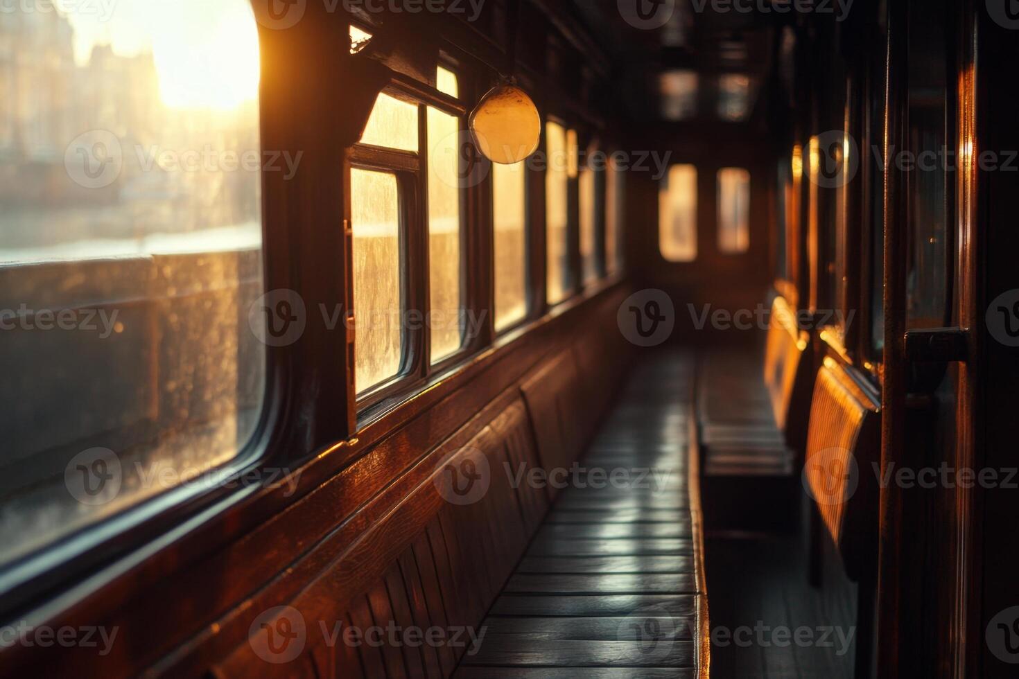 Empty vintage train car interior with warm sunset light coming through the windows. photo