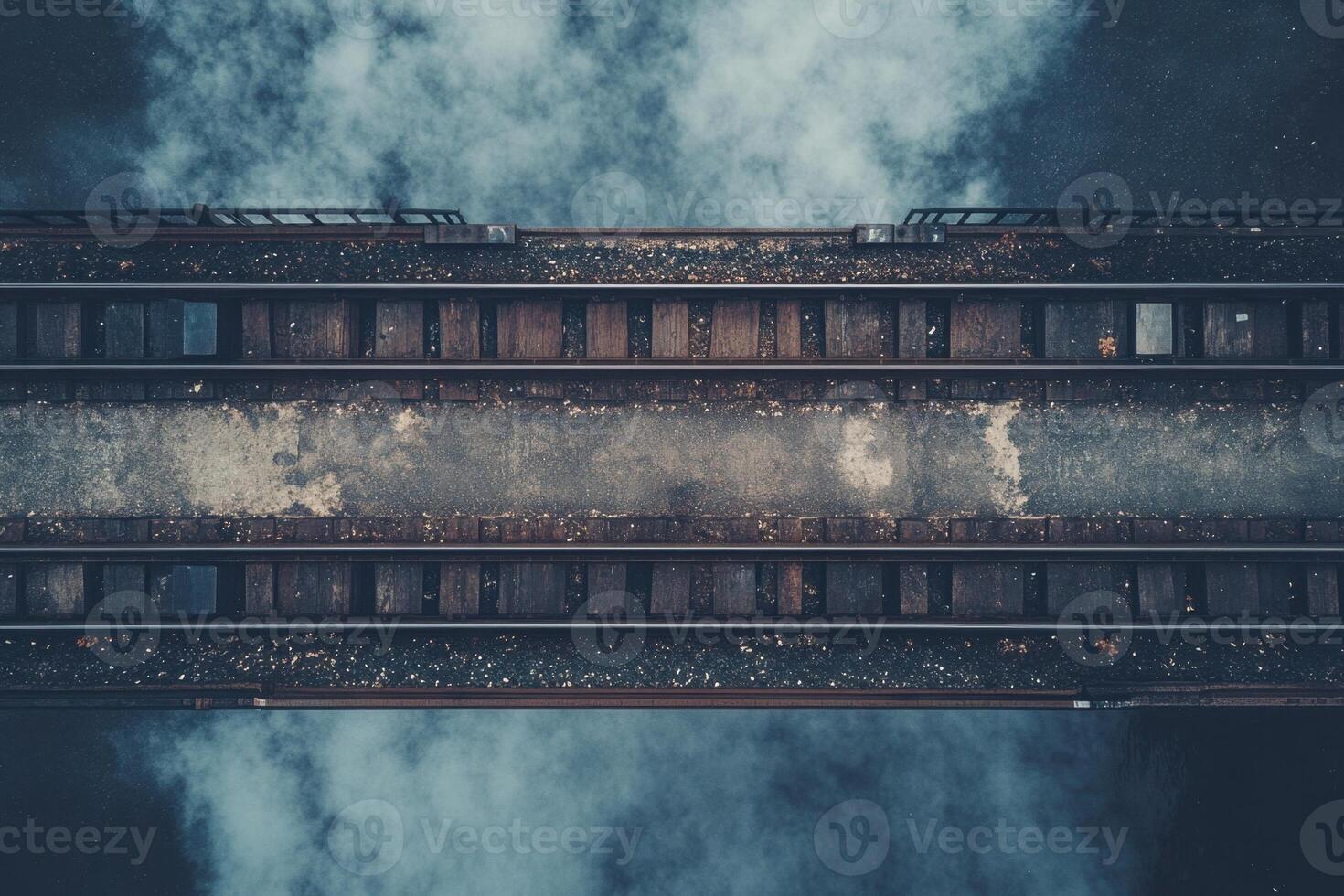 Overhead view of train tracks with smoke. photo