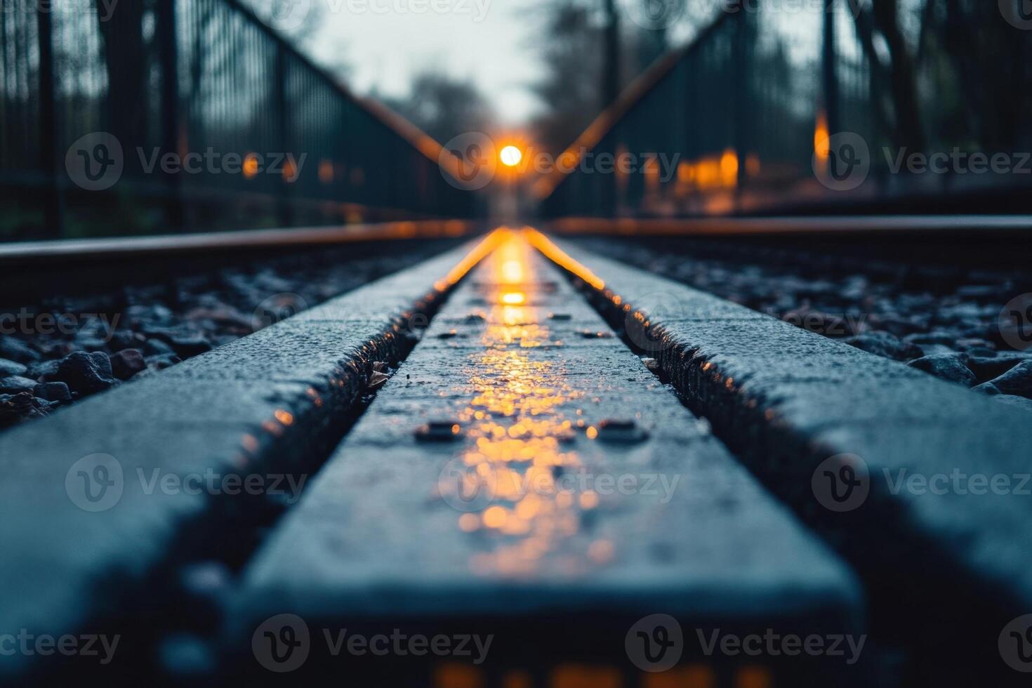 Railroad tracks leading towards a distant light. photo
