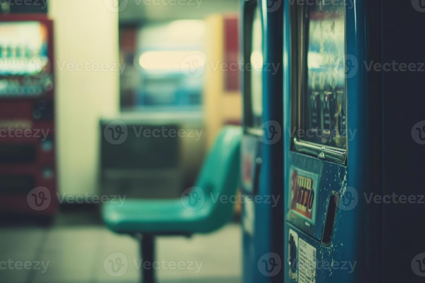 A blue vending machine with a green chair in front of it, with a red vending machine in the background. photo