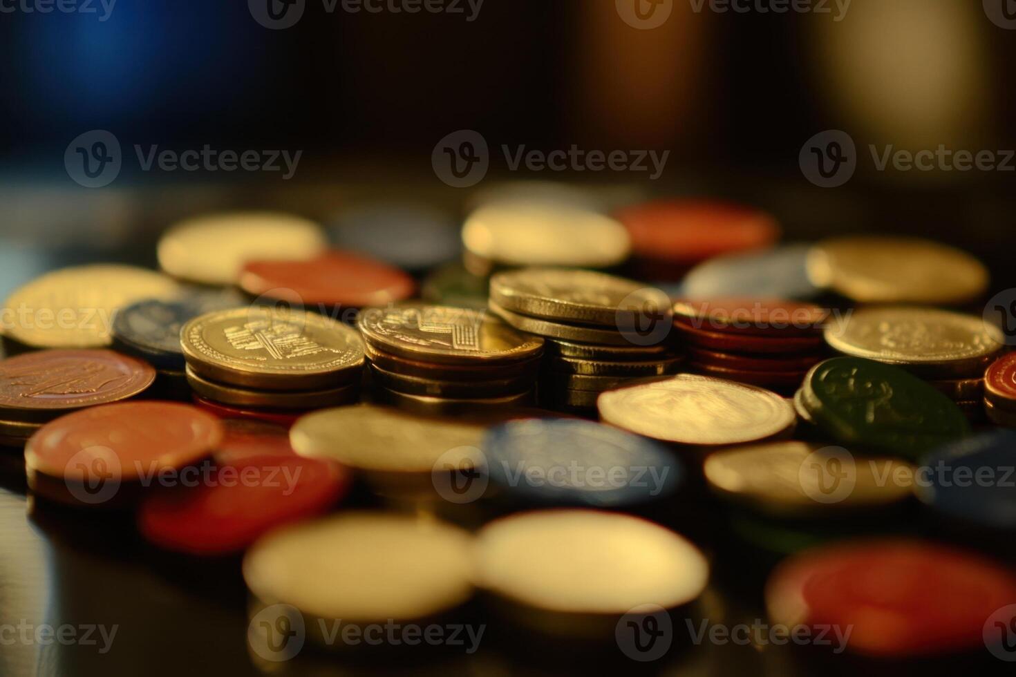 A close-up shot of a pile of poker chips, mostly gold, but with some red, blue, and green chips in the foreground. photo