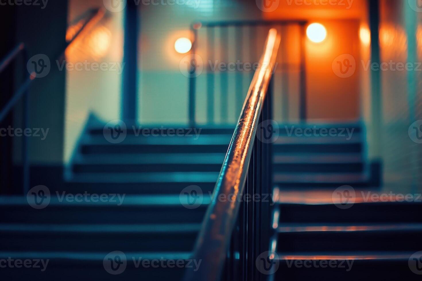 A dimly lit staircase with a handrail in the foreground. photo
