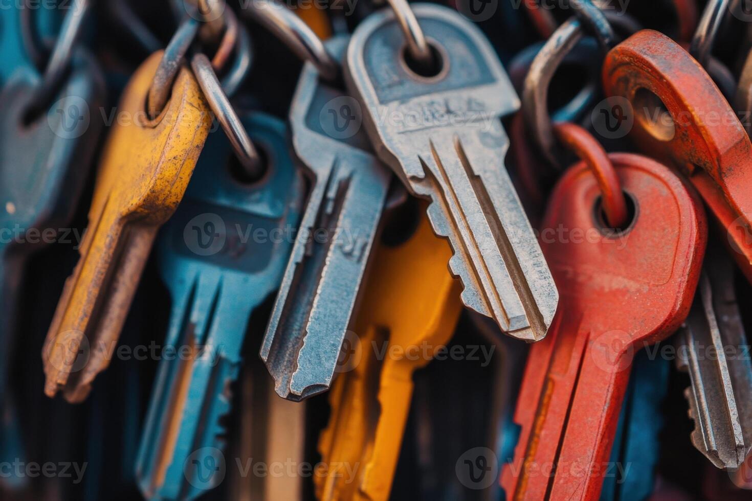 A close-up of a colorful bunch of keys hanging on a ring. photo