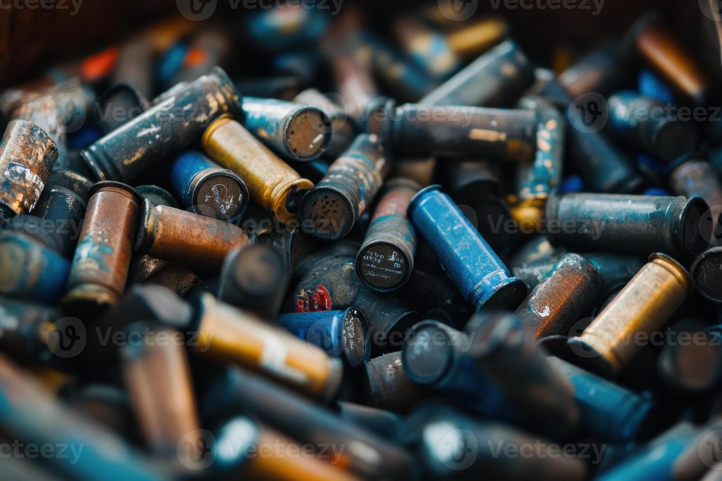 A close-up of a pile of spent shotgun shells, with a variety of colors and finishes. photo