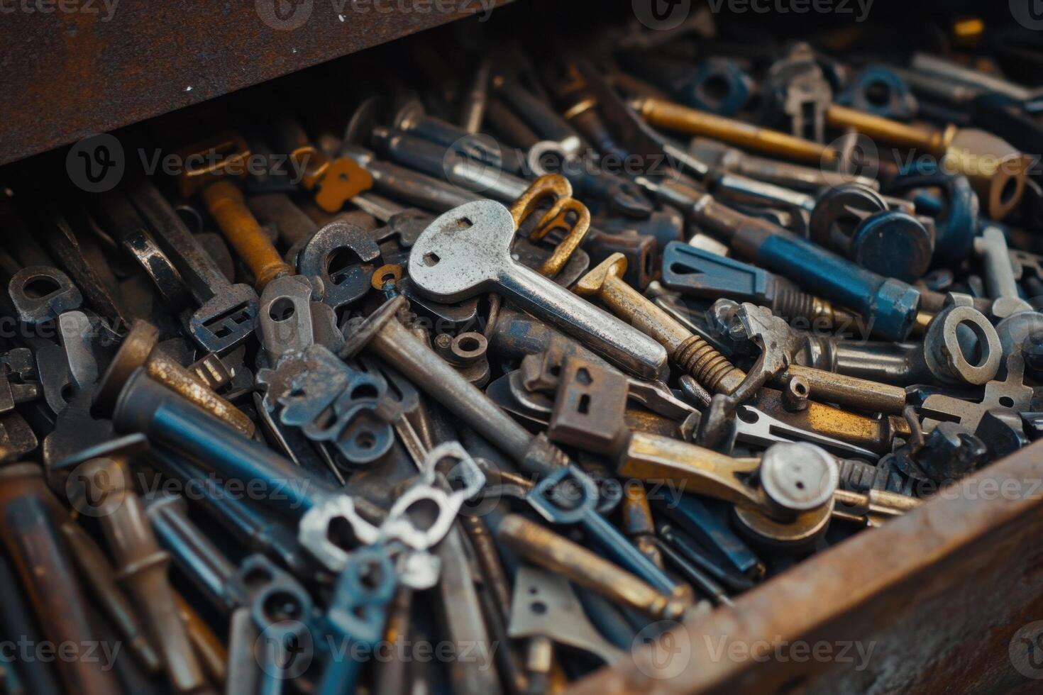 A drawer full of old keys and other metal objects. photo