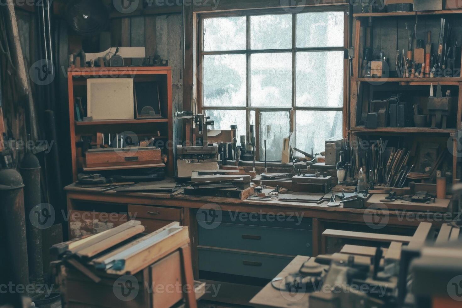 A cluttered workshop with tools, wood, and a workbench in front of a window. photo