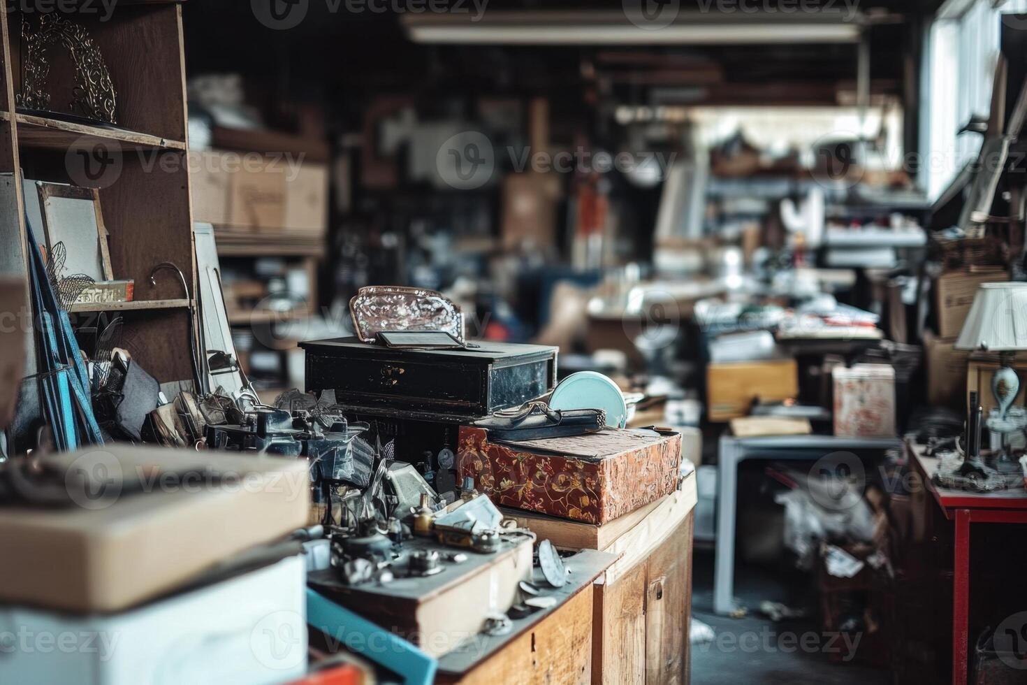 A cluttered workshop with tools, boxes, and various items on a wooden table. photo