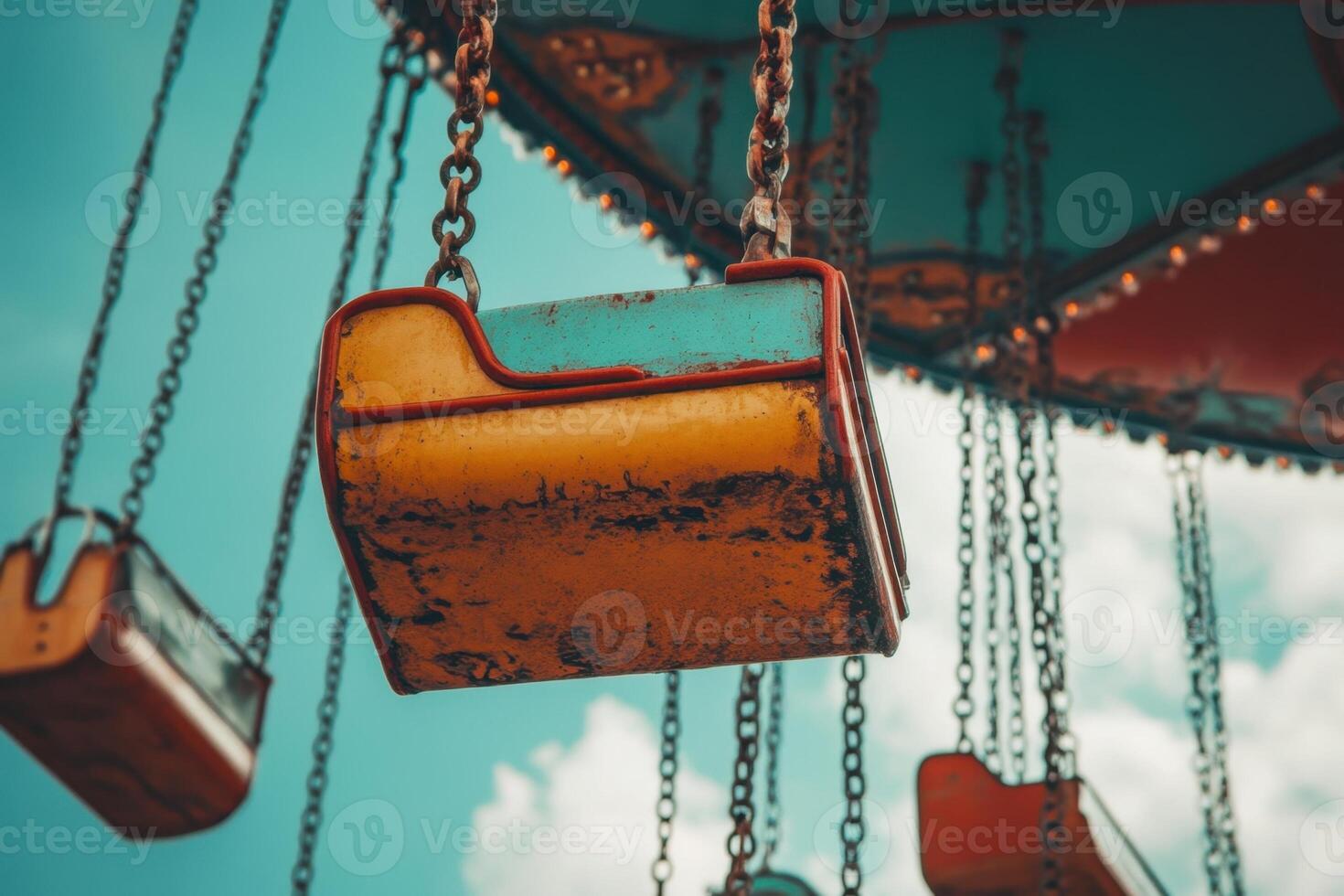 A close-up of a vintage, rusty carousel swing seat with a bright blue sky in the background. photo