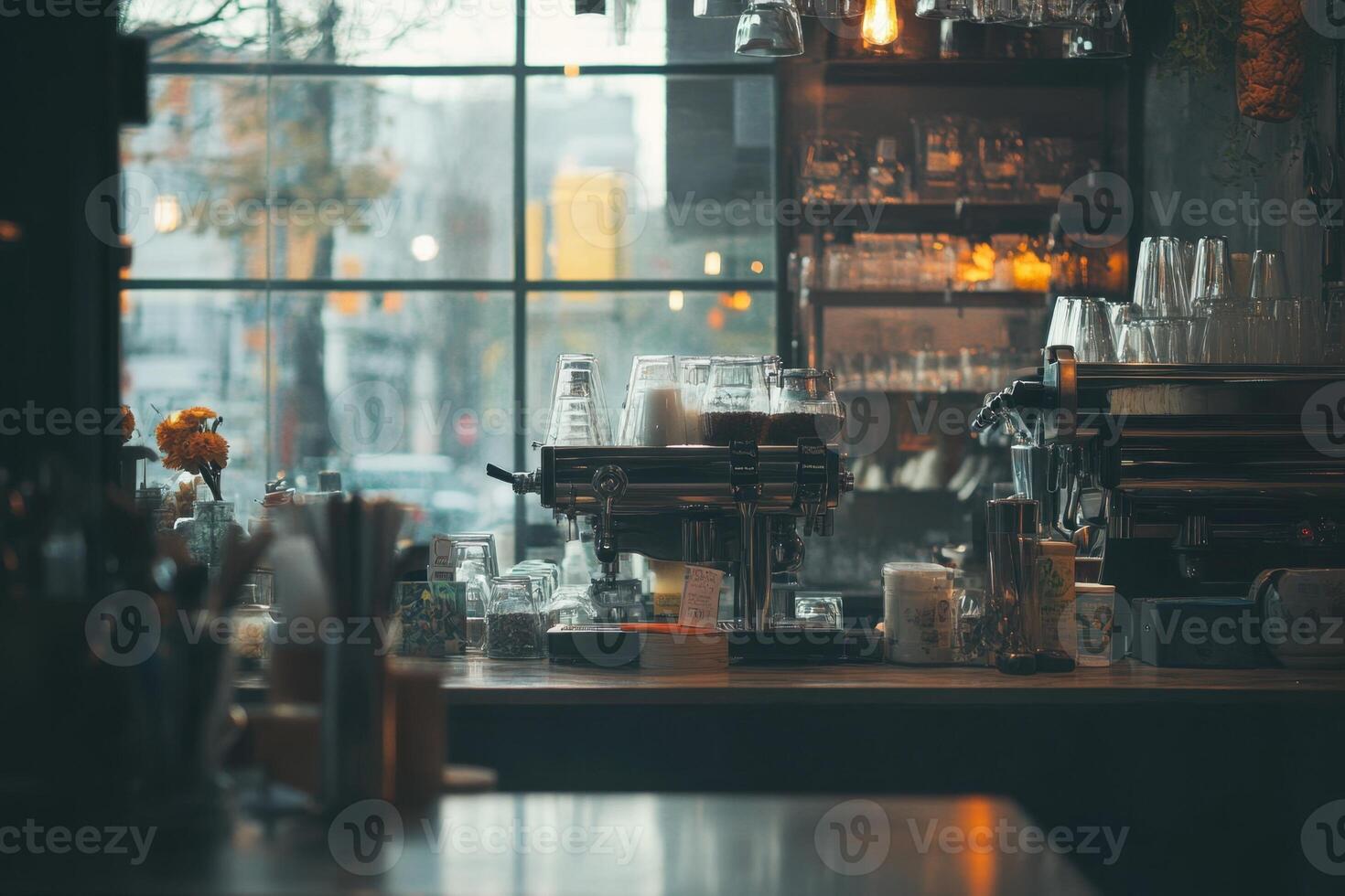 A coffee shop counter with a window view. photo
