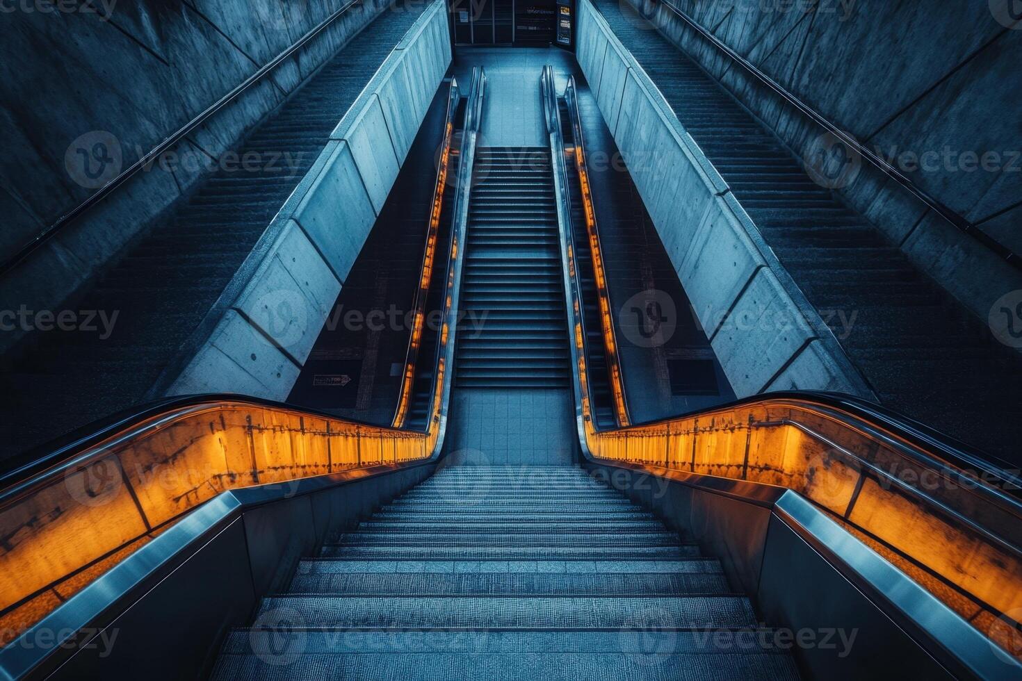 A low angle view of two escalators in a modern, urban setting, leading up to an unknown destination. photo