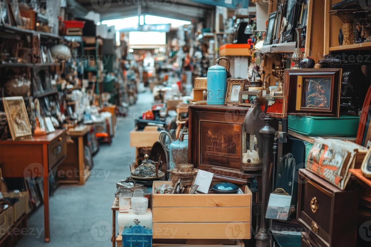 A narrow aisle in a crowded flea market, lined with tables overflowing with vintage and antique items. photo
