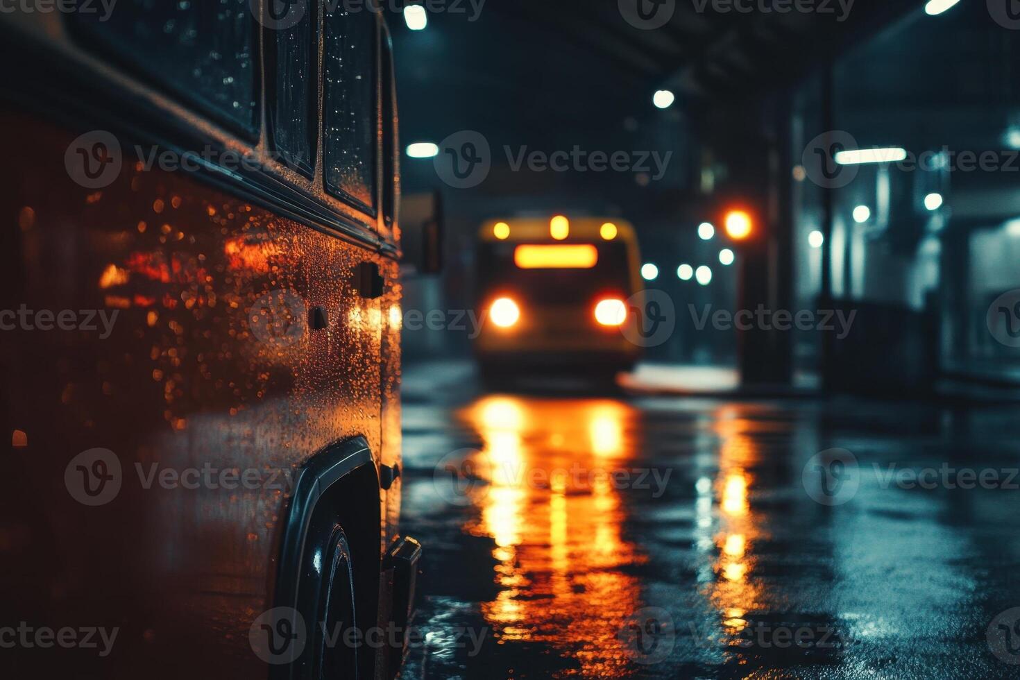 A red bus waits at a bus stop on a rainy night, with another bus in the background. photo