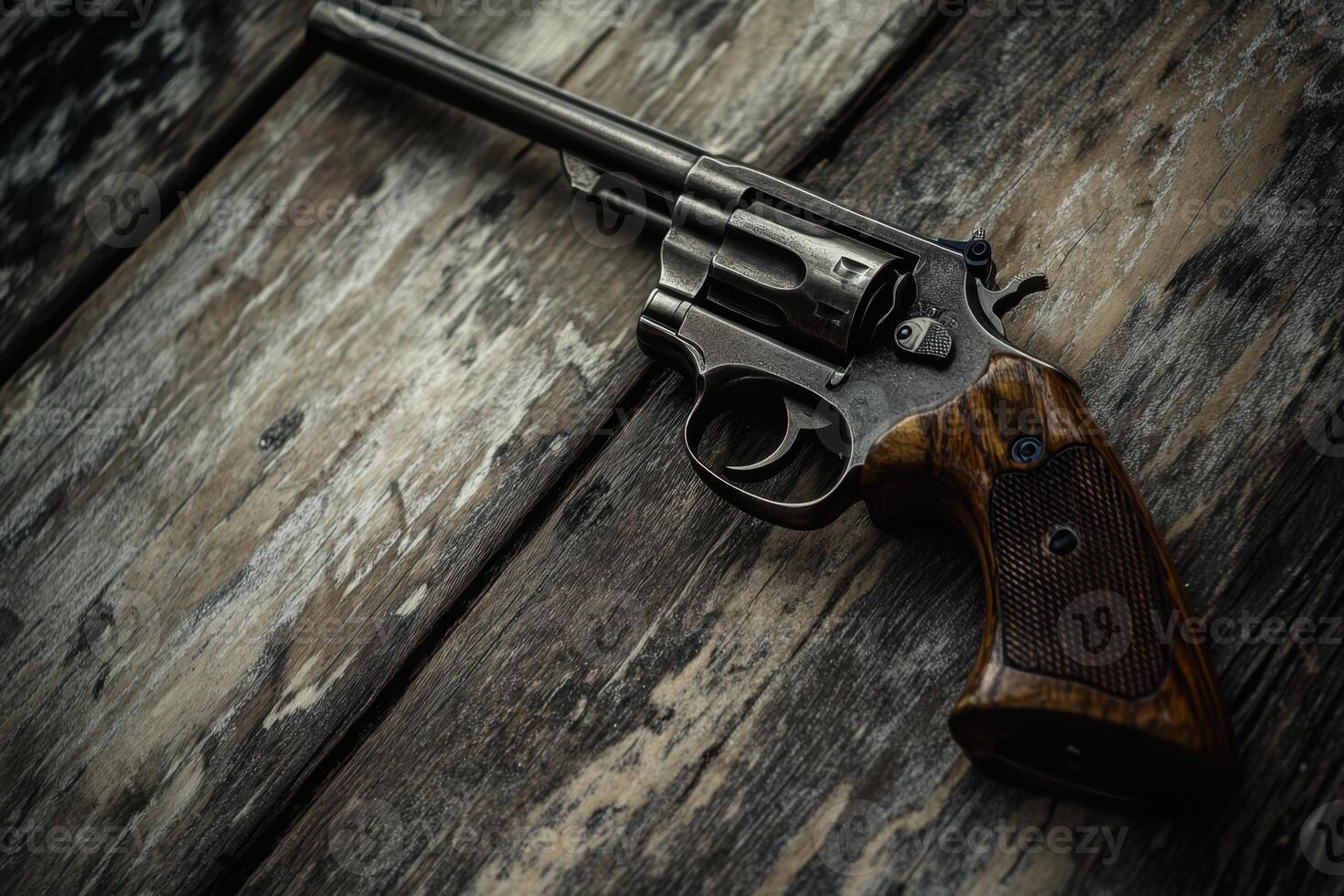 A revolver lies on a weathered wooden surface. photo